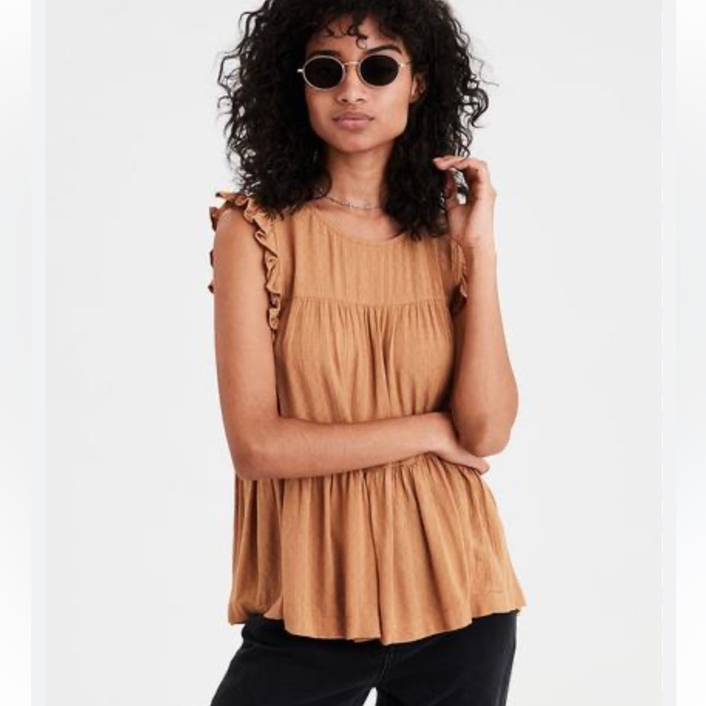 American Eagle golden yellow ruffle tiered tank top modest trendy fall small